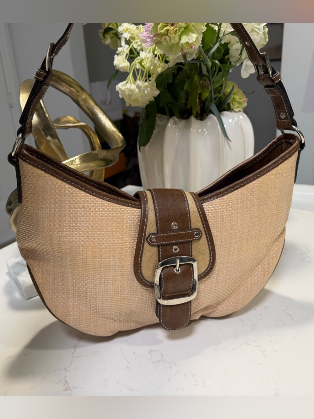 George Woven Raffia Shoulder Bag Brown Leather Trim Buckle Hobo Boho Summer Bag